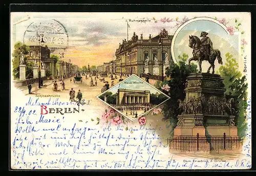 Lithographie Berlin, Schlossbrücke, Neue Wache, Ruhmeshalle, Denkmal Friedrich d. Grosse