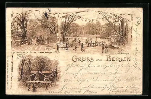 Lithographie Berlin, Eisbahn auf dem Neuen See, Forsthaus im Tiergarten im Winter