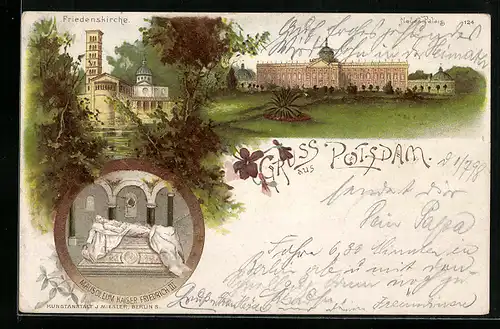 Lithographie Potsdam, Neues Palais, Friedenskirche, Mausoleum Kaiser Friedrich