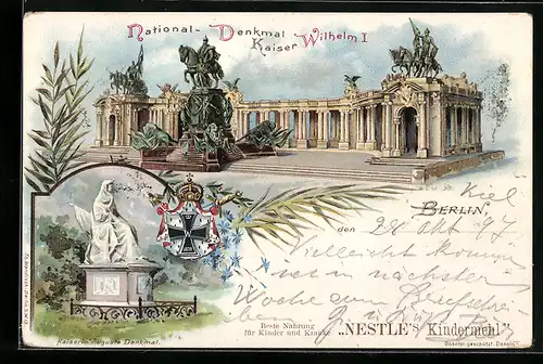 Lithographie Berlin, National-Denkmal Kaiser Wilhelm I., Kaiserin Augusta-Denkmal