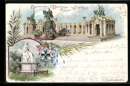 Lithographie Berlin, National-Denkmal Kaiser Wilhelm I., Kaiserin Augusta-Denkmal