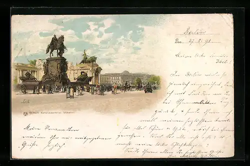 Lithographie Berlin, Kaiser Wilhelm Nationaldenkmal mit Passanten auf dem Platz