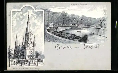 Lithographie Berlin-Tiergarten, Herkules-Brücke, Kaiser Wilhelm Gedächtnis-Brücke