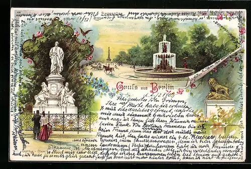 Lithographie Berlin-Tiergarten, Siegesallee mit Wrangelbrunnen, Löwengruppe, Göthe-Denkmal
