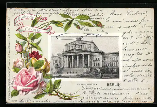 AK Berlin, Schauspielhaus im Passepartout mit Blumen, Gendarmenmarkt