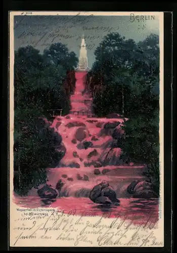 Lithographie Berlin-Kreuzberg, Wasserfall im Victoriapark mit bläulicher Beleuchtung