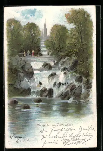 Lithographie Berlin-Kreuzberg, Besucher beim Wasserfall im Victoriapark