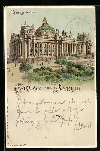 Lithographie Berlin-Tiergarten, das Reichstags-Gebäude, beleuchtete Fenster