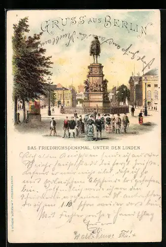 Lithographie Berlin, das Friedrichsdenkmal, Passanten unter den Linden