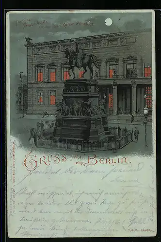 Mondschein-Lithographie Berlin, Denkmal Friedrich der Grosse vor dem Palais Kaiser Wilhelm I.