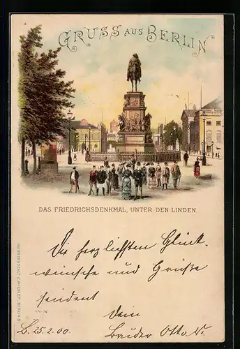 Lithographie Berlin, das Friedrichsdenkmal, Passanten unter den Linden
