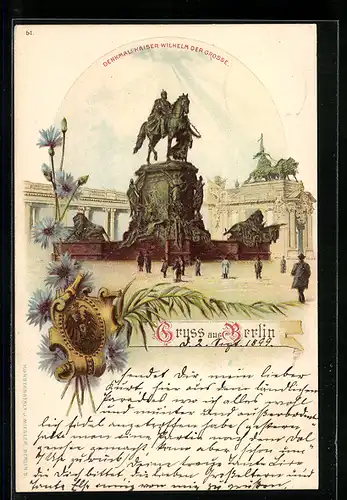 Lithographie Berlin, vor dem Denkmal Kaiser Wilhelm der Grosse, Wappen