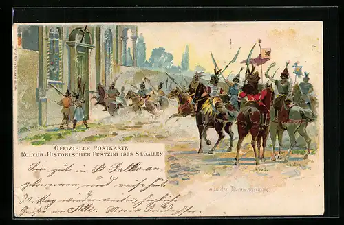 Lithographie St. Gallen, Kultur-Historischer Festzug 1899, Stürmung des Schlosses