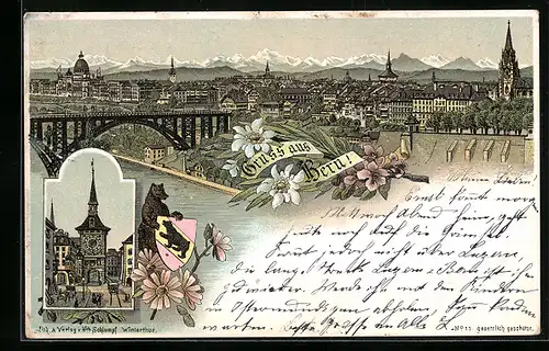 Lithographie Bern, Ortsansicht mit Uhrenturm