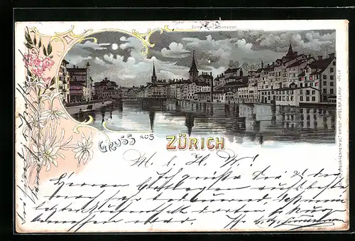 Lithographie Zürich, die Stadt bei Mondschein