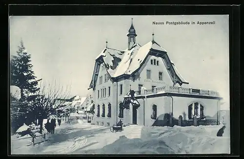 AK Appenzell, Neues Postgebäude im Schnee