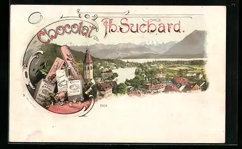 Künstler-AK Thun, Teilansicht mit Panoramaausblick, Reklame für Chocolat Suchard