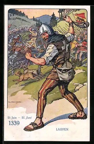 Künstler-AK sign. Ed. Elzingre: Der Schweizer Soldat im Laufe der Jahrhunderte, Laupen 21. Juni 1339, Histor. Uniform