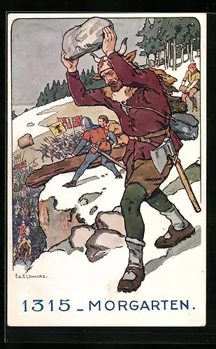 Künstler-AK sign. Ed. Elzingre: Morgarten, Der Schweizer Soldat im Laufe der Jahrhunderte, 1315