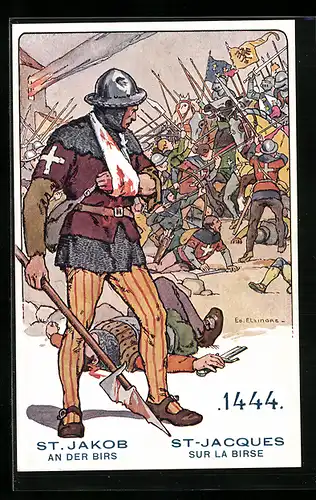 Künstler-AK sign. Ed. Elzingre: St. Jakob an der Birs, Verwundeter schweizer Landsknecht
