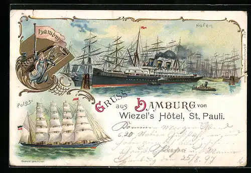 Lithographie Hamburg, Passagierschiff Fürst Bismarck und Segelschiff Potosi im Hafen