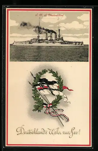 AK S.M.S Deutschland, Reichskriegsflagge, Lorbeer- und Eichenkranz, Kriegsschiff