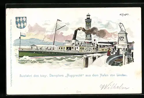 Lithographie Lindau i. B., Dampfer Rupprecht verlässt den Hafen, Bodensee