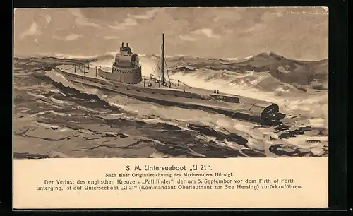 Künstler-AK S. M. Unterseeboot U 21 im Manöver