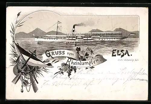 Lithographie Rheindampfer Elsa