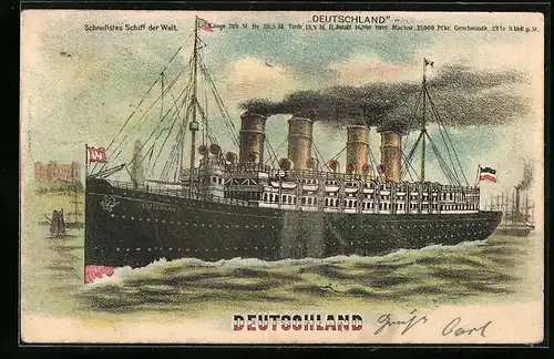 Lithographie Passagierschiff Deutschland in Fahrt