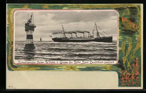 Lithographie Passagierschiff Kaiser Wilhelm d. Grosse passiert den Rothesand Leuchtturm