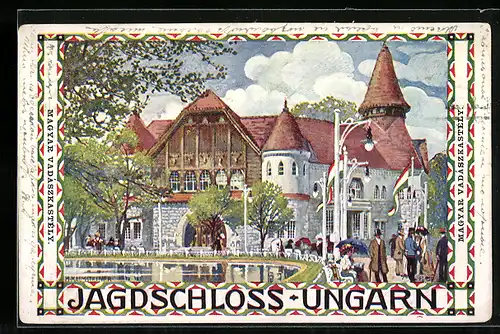 Künstler-AK H. Kalmsteiner: Wien, Erste Internationale Jagd-Ausstellung 1910, Jagdschloss Ungarn