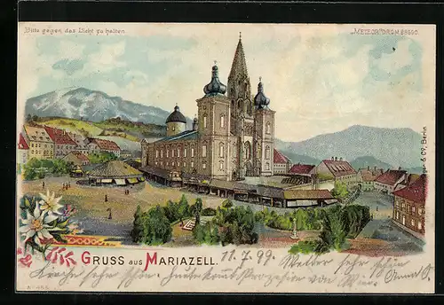 Lithographie Mariazell, Ansicht der Wallfahrtskirche, Mondschein und Gnadenbild