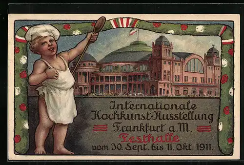 Künstler-AK Frankfurt a. M., Internationale Koch-Kunst-Ausstellung 1911, Kleiner Koch mit Kochlöffel