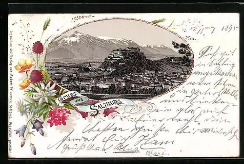 Vorläufer-Lithographie Salzburg, 1895, Gesamtansicht mit Untersberg