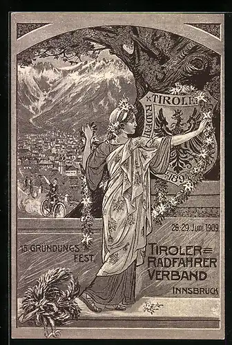 Künstler-AK Innsbruck, 15. Gründungsfest des Tiroler-Radfahrer-Verbandes 26.-29.06.1909