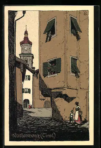 Steindruck-AK Rattenberg, Ortspartie und Frau mit Kind