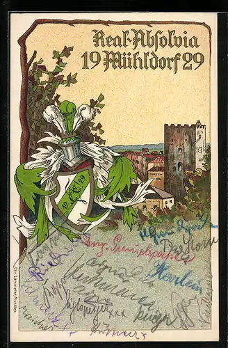 Künstler-AK Mühldorf, Real-Absolvia 1929, Wappen