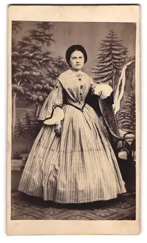 Fotografie unbekannter Fotograf und Ort, Portrait Brünette Dame trägt Kleid mit Längsstreifen