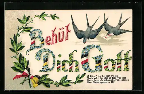 AK Behüt dich Gott-Glitzerspruch mit zwei Schwalben