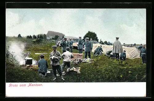 AK Gruss vom Manöver, Kaisermanöver, Soldaten beim Kochen