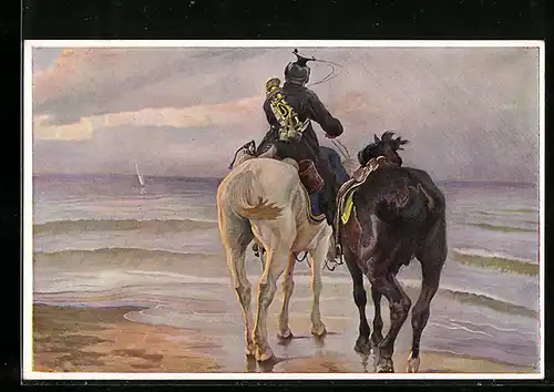 AK Kavallerie, Soldat zu Pferde mit Trompete schaut hinüber nach England