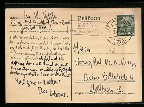 AK Landpoststempel Lässig über Frankfurt (Oder)