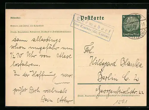 AK Landpoststempel Tremsdorf über Trebbin (Kr. Teltow)