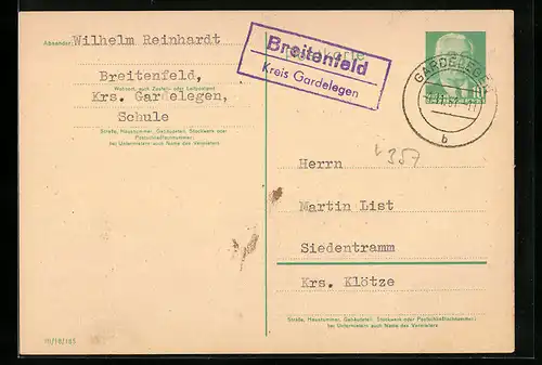AK Landpoststempel Breitenfeld Kreis Gardelegen