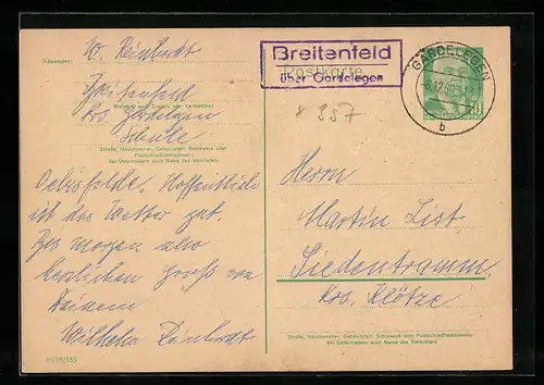 AK Landpoststempel Breitenfeld Kreis Gardelegen