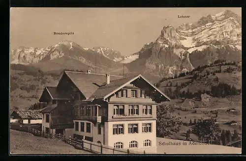 AK Adelboden, Schulhaus mit Bonderspitze und Lohner