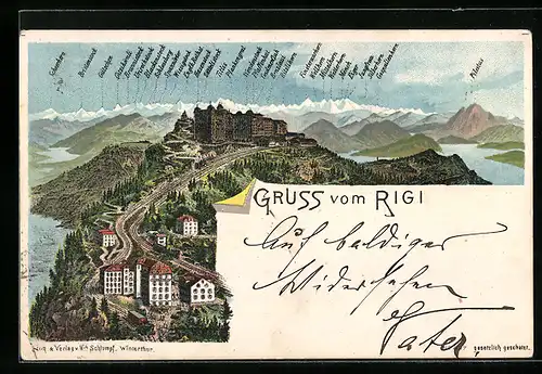 Lithographie Rigi, Panorama mit Bergbahn und Gebirgskette