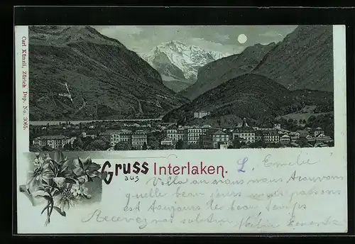 Mondschein-Lithographie Interlaken, Totalansicht mit Blumenmotiv