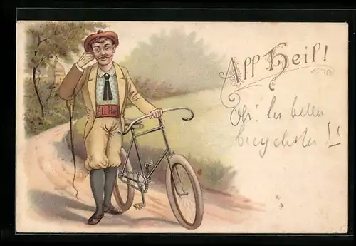 Lithographie Feiner Herr mit Fahrrad und Monokel